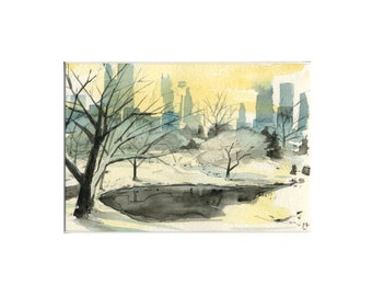 NYC Central Park Cityscape Watercolor Painting Print