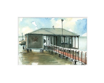 Lake Boat Dock Landscape Watercolor Painting Print