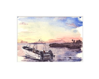 Zonsondergang boot Wall Art aquarel schilderij afdrukken