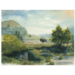 Bison Prairie Wall Art Landscape Watercolor Painting Print