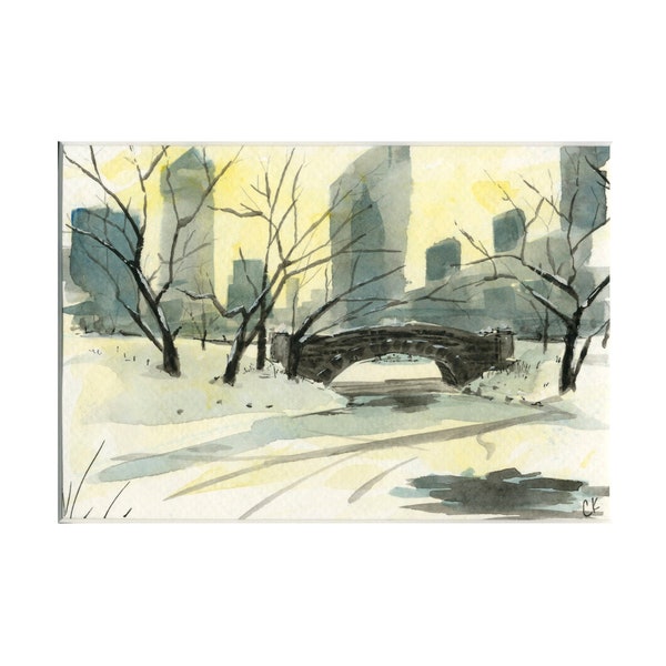 NYC Central Park Snowy Wall Art Watercolor Painting Print