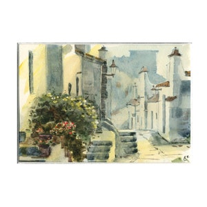 Impresión de pintura de acuarela de arte de pared de calle de adoquines