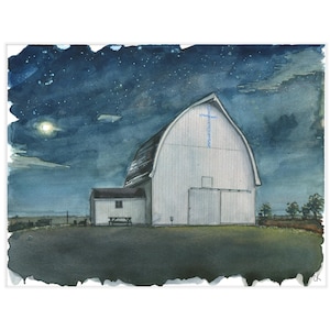 Barn Christian Farm Wall Art Landscape Watercolor Painting Print