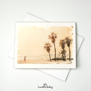 Juego de tarjetas de notas de acuarela con diseño de atardecer y surf en la playa, papelería en blanco, tarjetas de agradecimiento