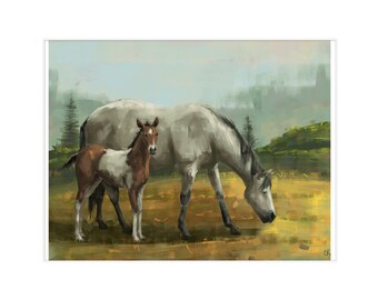 Horses Grazing Western Landscape Painting Print