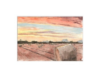 Hay Field Sunset Landscape Watercolor Painting Print