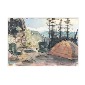 Mountain Camping Wall Art Watercolor Painting Print