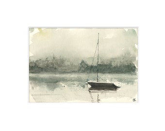 Sail Boat Lake Wall Art Watercolor Painting Print