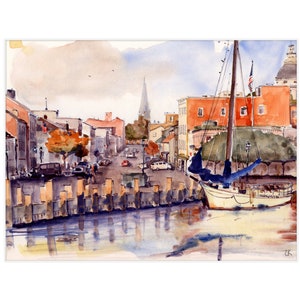 Annapolis Harbor Coastal Cityscape Watercolor Painting Print