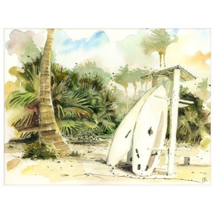 Surfboard Ocean Beach Seascape Watercolor Painting Print