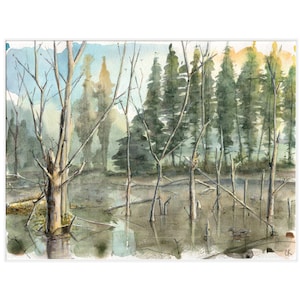 Duck Pond Foggy Morning Landscape Watercolor Painting Print