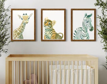 Safari Animal Nursery Wall Art – Set of 3 Jungle Prints, Baby Boy or Girl Room Decor, Kids Zoo Animal Watercolor Art, Neutral Jungle Theme