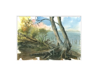 Sunrise Lake Wall Art Watercolor Painting Print