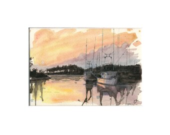 Impression de peinture aquarelle Marina Sunset Seascape