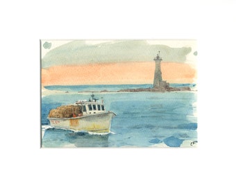 Crab Fishing Boat Seascape Watercolor Painting Print