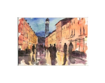 Night Life Cafe Cityscape Watercolor Painting Print