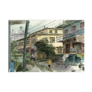 Boy Walking to School Wall Art Watercolor Painting Print