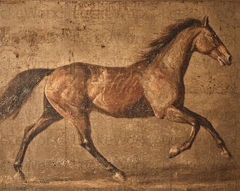 May include: A vintage-style painting of a brown horse in full gallop. The horse is depicted with detailed brushstrokes, showcasing its muscular form and flowing mane. The background has a textured, aged appearance.