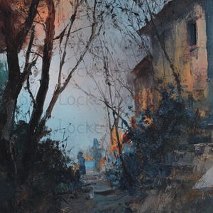 May include: An impressionistic painting of a European village scene. The artwork depicts buildings, trees, and a pathway, rendered in a palette of blues, browns, and oranges. The brushstrokes create a textured effect, evoking a sense of depth and atmosphere.