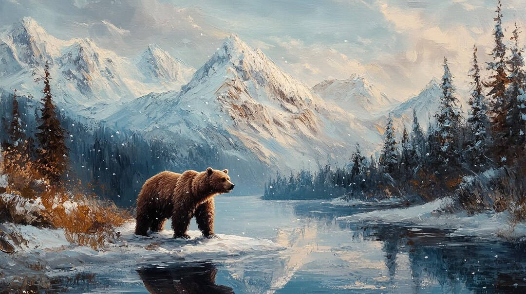 Winter Bear Mountain Scene Art Print: Hand Painted Farmhouse Decor ...