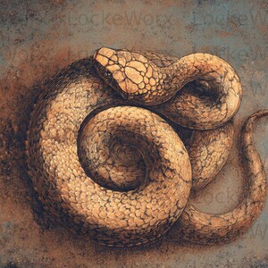 May include: A detailed illustration of a coiled snake, featuring a textured body in shades of brown and tan. The snake's head is visible, with a detailed scale pattern. The artwork is set against a mottled, earthy background.