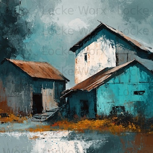 May include: An abstract painting of three weathered buildings with rusty brown roofs. The buildings are painted in shades of teal, white, and gray, with a dark, moody sky. The artwork has a textured, painterly style.