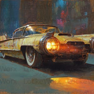 May include: An oil painting of a vintage yellow car with bright headlights, set against a blurred cityscape. The car has a retro design with fins and white-walled tires, creating a nostalgic feel. The artwork has a warm, inviting color palette.