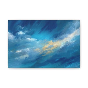 May include: Abstract canvas art featuring a dynamic sky scene. The artwork showcases a blend of blues, whites, and touches of gold, with visible brushstrokes creating a textured effect. The composition evokes a sense of movement and depth.