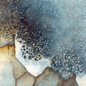 Puede incluir: Pintura abstracta en acuarela con una apariencia texturizada y orgánica. La obra presenta una mezcla de azules, marrones y blancos, con áreas de detalle moteado. El efecto general recuerda a un paisaje natural o una formación geológica.