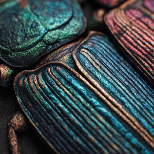 Puede incluir: Primer plano del exoesqueleto iridiscente de un escarabajo. La imagen muestra detalles intrincados con una paleta de colores de verde azulado, bronce y púrpura. La superficie texturizada y el diseño segmentado son prominentes, destacando la belleza natural del insecto.