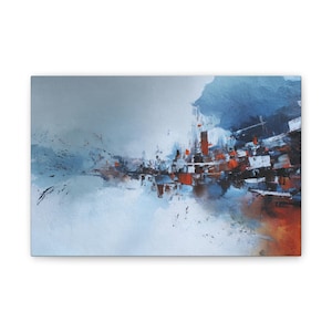 May include: Abstract landscape painting on canvas. The artwork features a blend of blues, reds, and whites, with a focus on brushstrokes and texture. The composition evokes a sense of a cityscape or a coastal scene, with a dynamic and expressive style.