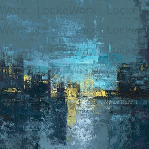 May include: Abstract art print with a textured, layered appearance. The artwork features a palette of blues, teal, gold, and black, creating a cityscape-like composition. The brushstrokes and color blocks give a sense of depth and movement.