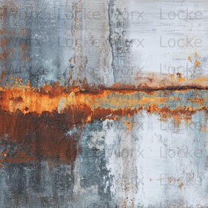 May include: Abstract image of a weathered metal surface. The surface is primarily gray and white, with areas of orange and brown rust. The texture is rough and aged, with visible imperfections and signs of wear.