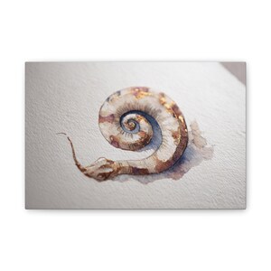 May include: A watercolour painting of a spiral seashell in shades of brown, gold, and white. The artwork shows the shell's texture and form in detail, set against a textured white background. The shell's spiral shape is the focal point of the image.