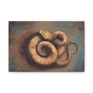 May include: Illustration of a coiled snake on canvas. The snake is rendered in brown and tan tones, featuring a textured pattern. The background has a mottled appearance with blue and brown hues.
