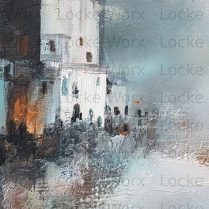 May include: An abstract oil painting depicting a coastal town with white buildings and dark windows. The artwork uses a palette of blues, oranges, and browns, with visible brushstrokes and a textured finish. The painting has the text "Locke Worx" in the image.