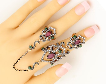 Urban Lipi Adjustable Turkish Antique Gold Color Two Finger Rings Women Red Resin Crystal Hollow Flower Vintage Jewelry