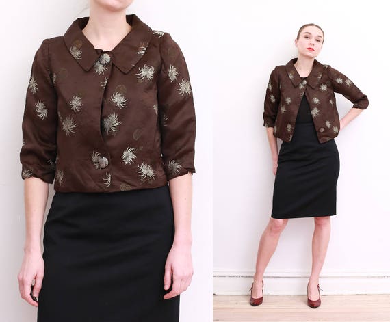 40s Brown Embroidered Silk Jacket / S
