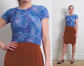 90s Blue Crinkled Pleated Top / S