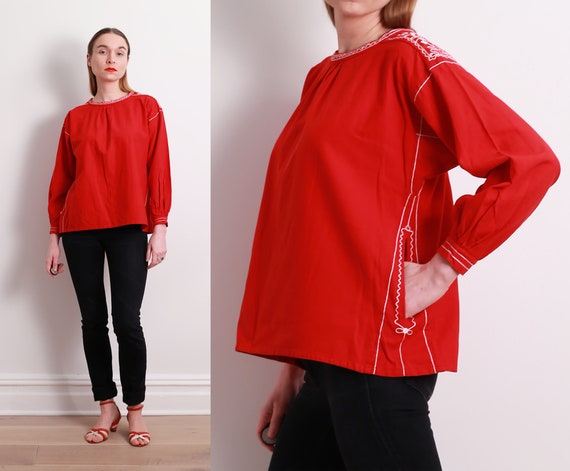70s Red Embroidered Folklore Blouse / XS
