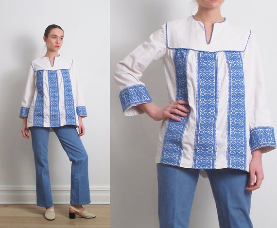 60s White Embroidered Peasant Tunic / S