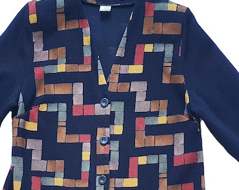 Vintage 90-tals färgglad boho geometrisk stickad kavajkofta
