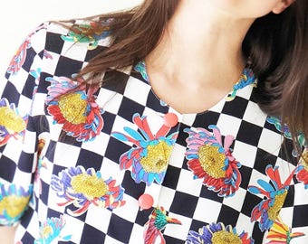 Camisa vintage de los 90 con estampado floral a cuadros - Blusa abotonada de viscosa con estampado