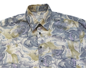 Vintage floral festival shirt men M / L - Blue Gray Cotton Hawaiian Button-up