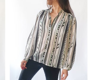 Jaren '80 Art Deco gestreepte blouse, vintage jaren '70 jaren '80 jaren '90 retro, abstracte print, geometrisch, lange mouwen, losse pasvorm, overhemd met knopen aan de voorkant maat M / L
