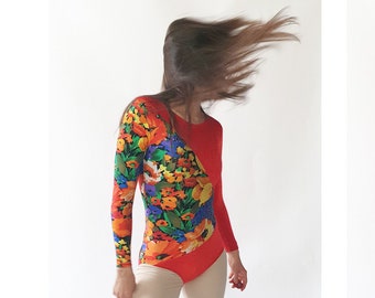 Vintage floral body suit, aerobics, athletic one piece, stretchy romper, figure skating leotard size S small