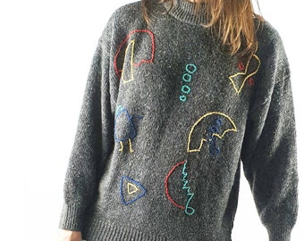 Psychedelic Sputnik 1980s multicolor knit sweater, vintage op art pullover, Abstract embroidered jumper, size L large