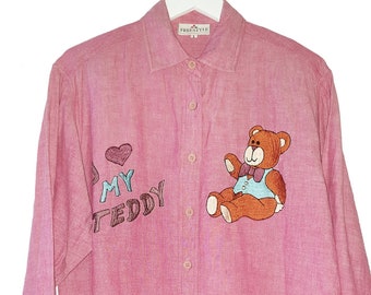 Vintage Pink Denim Shirt Button-Up Blouse with Teddy bear Embroidery