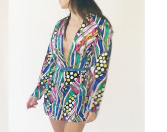 1980s women's oversized blazer, vintage 80s 90s deep v neck multicolor polka dot gold chain print kitsch FUN cocktail party outfit