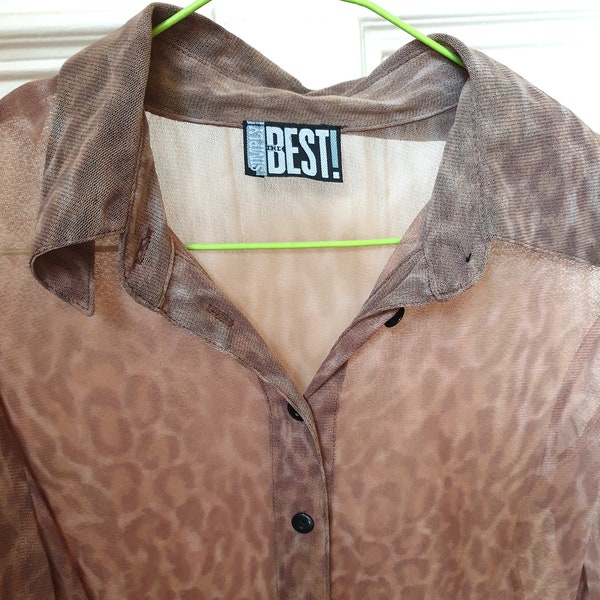 Vintage Leopard print blouse, Y2K transparent animal print top, women's 80s 90s sexy button front long sleeve shirt, size S small